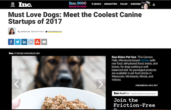 Raw Bistro Named One of Inc. Magazine’s Top Canine Startups of 2017