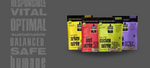 Four bags of Raw Bistro dog food (Bison Entree, Chicken Entree, Turkey Entree, and Beef Entree) are displayed in front of a grey background with large, textured text overlay. The text reads "RESPONSIBLE VITAL OPTIMAL sustainable BALANCED SAFE HUMANE".