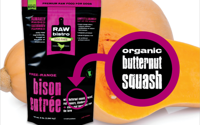 Premium raw food for dogs. Pinks and black bag