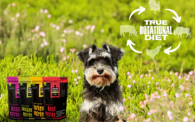 4 bags next to a dog and a Ttitle of TRUE ROTATIONAL DIET
