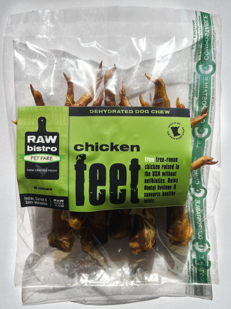 Package of Raw Bistro dehydrated dog chew chicken feet on a white background