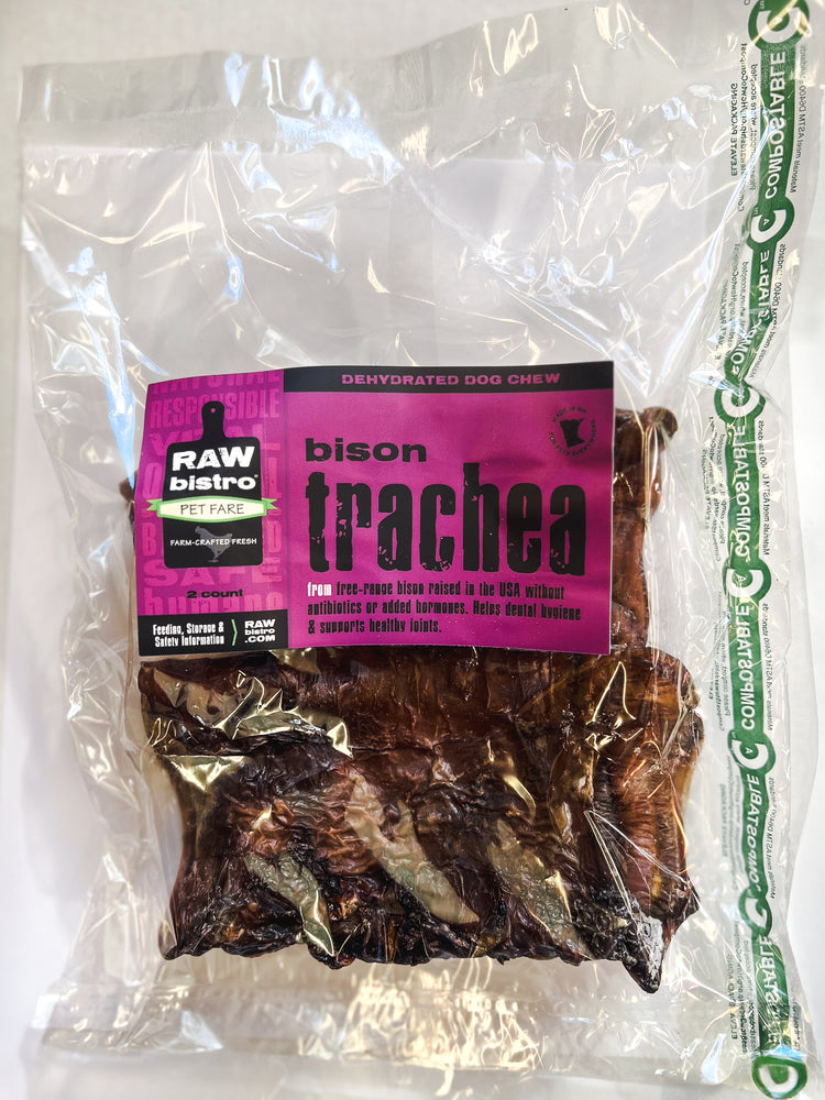 Packaged bison trachea dehydrated dog chew with Raw Bistro label on a white background